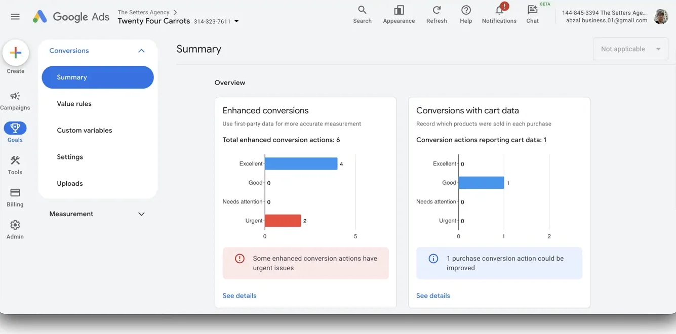 Google Ads conversion diagnostics showing enhanced conversions and cart data.