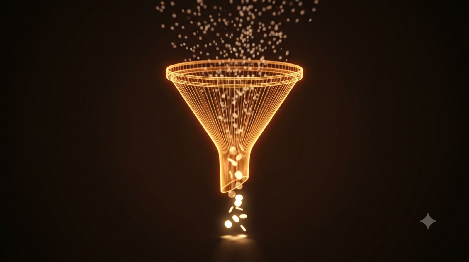 Glowing wireframe funnel turning ad traffic into revenue.